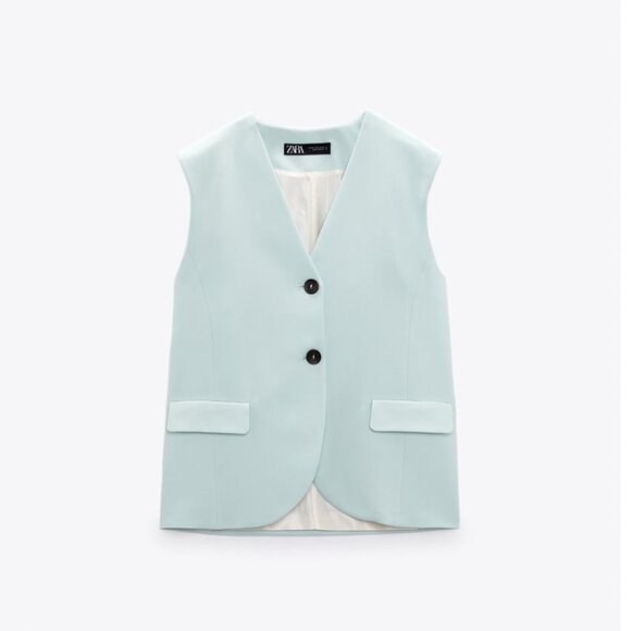 New XS relaxed ZARA Colarless V-neck Vest Flap Pocket Seafoam Green Button Lapel - Picture 1 of 7